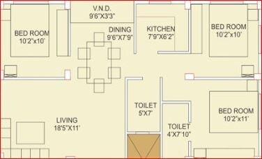Floor plan of 3 BHK 1170 Sq. Ft. Apartment in Eden Brookside, Kolkata