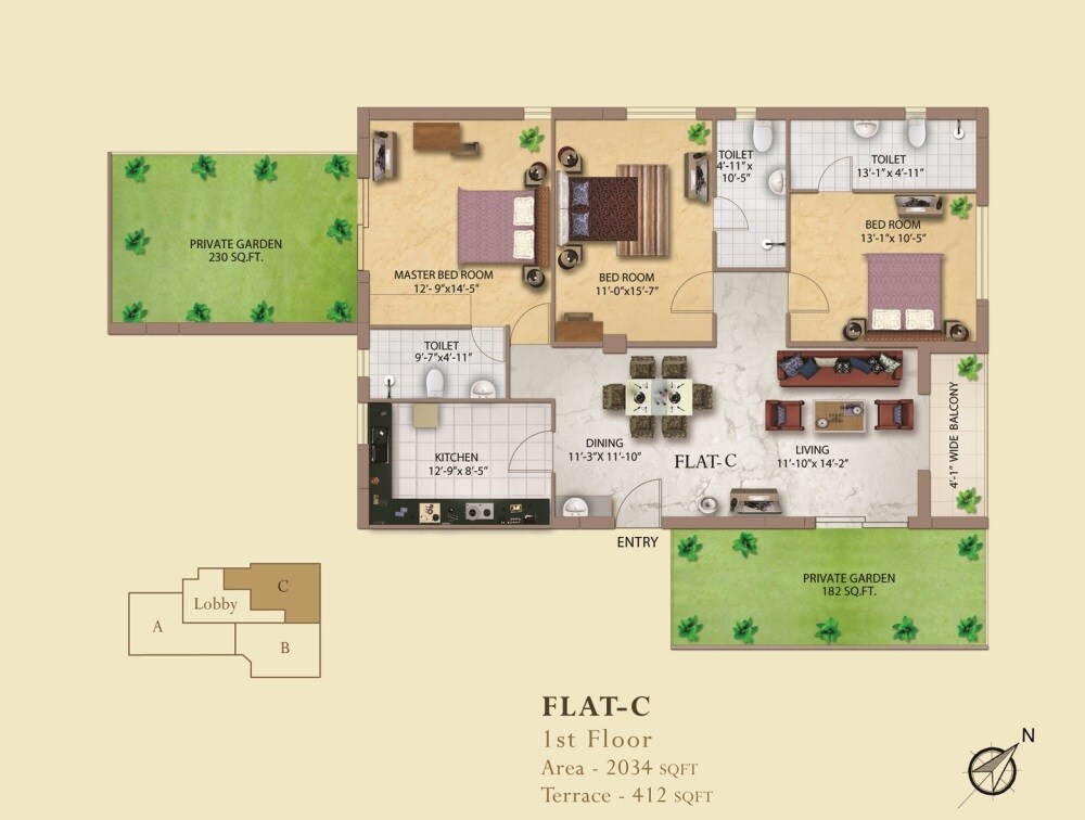 Floor plan of 3 BHK 2034 Sq. Ft. Apartment in Eden Imperial, Kolkata