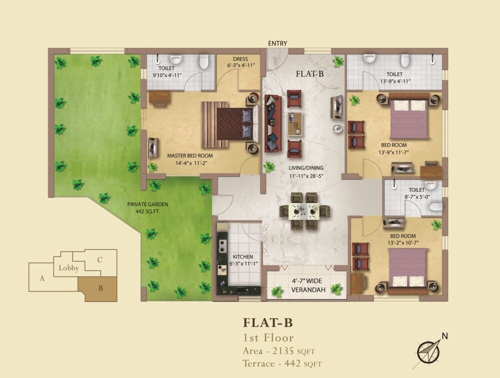 Floor plan of 3 BHK 2135 Sq. Ft. Apartment in Eden Imperial, Kolkata