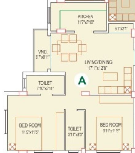 Floor plan of 2 BHK 1010 Sq. Ft. Apartment in Eden Pearls, Kolkata