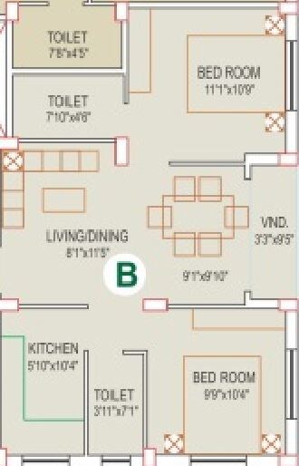Floor plan of 2 BHK 905 Sq. Ft. Apartment in Eden Pearls, Kolkata