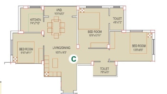 Floor plan of 3 BHK 1220 Sq. Ft. Apartment in Eden Pearls, Kolkata