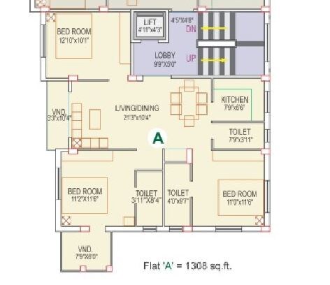 Floor plan of 3 BHK 1308 Sq. Ft. Apartment in Eden Pearls, Kolkata