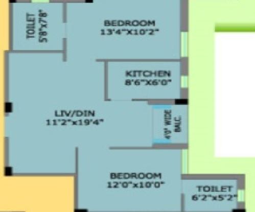Floor plan of 2 BHK 938 Sq. Ft. Apartment in Eden Flora, Kolkata