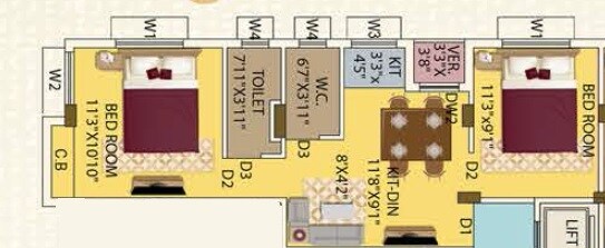 Floor plan of 2 BHK 714 Sq. Ft. Apartment in Eden Oxford Park, Kolkata
