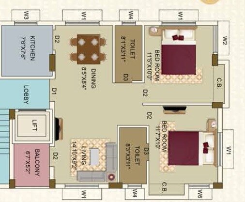 Floor plan of 2 BHK 975 Sq. Ft. Apartment in Eden Oxford Park, Kolkata