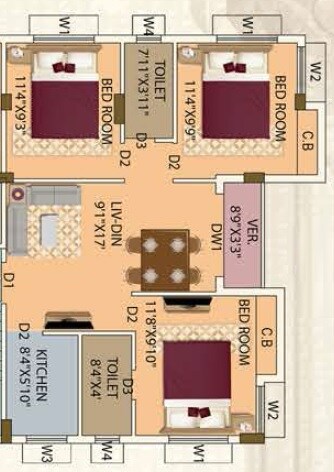Floor plan of 3 BHK 1049 Sq. Ft. Apartment in Eden Oxford Park, Kolkata