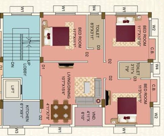 Floor plan of 3 BHK 1179 Sq. Ft. Apartment in Eden Oxford Park, Kolkata