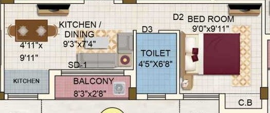 Floor plan of 1 BHK 432 Sq. Ft. Apartment in Eden Petals, Kolkata