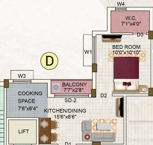 Floor plan of 1 BHK 513 Sq. Ft. Apartment in Eden Petals, Kolkata