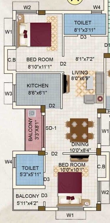Floor plan of 2 BHK 854 Sq. Ft. Apartment in Eden Petals, Kolkata