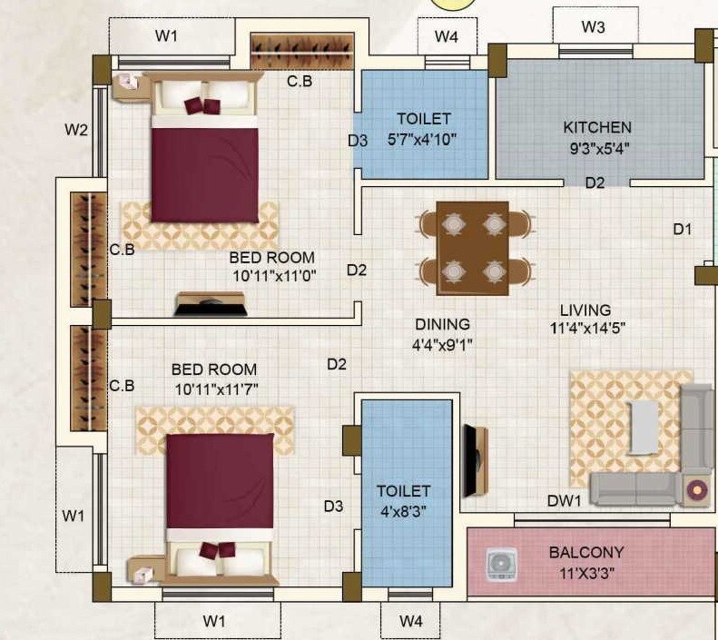 Floor plan of 2 BHK 935 Sq. Ft. Apartment in Eden Petals, Kolkata