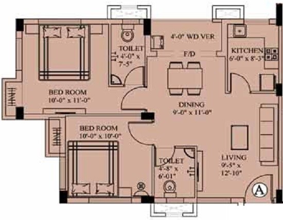 Floor plan of 2 BHK 867 Sq. Ft. Apartment in Eden Richmond Park, Kolkata