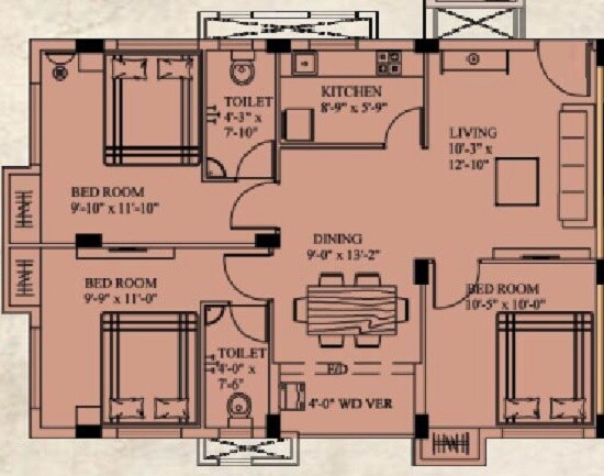 Floor plan of 3 BHK 1153 Sq. Ft. Apartment in Eden Richmond Park, Kolkata