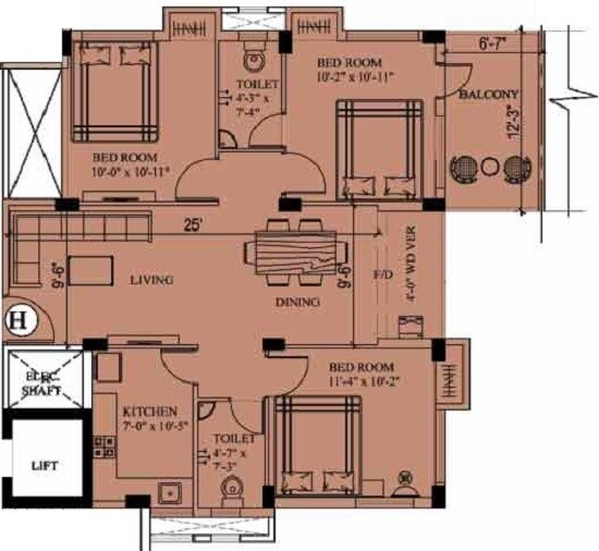 Floor plan of 3 BHK 1227 Sq. Ft. Apartment in Eden Richmond Park, Kolkata