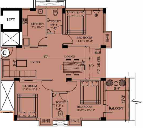 Floor plan of 3 BHK 1287 Sq. Ft. Apartment in Eden Richmond Park, Kolkata