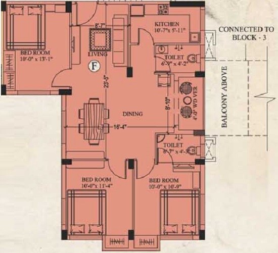 Floor plan of 3 BHK 1318 Sq. Ft. Apartment in Eden Richmond Park, Kolkata