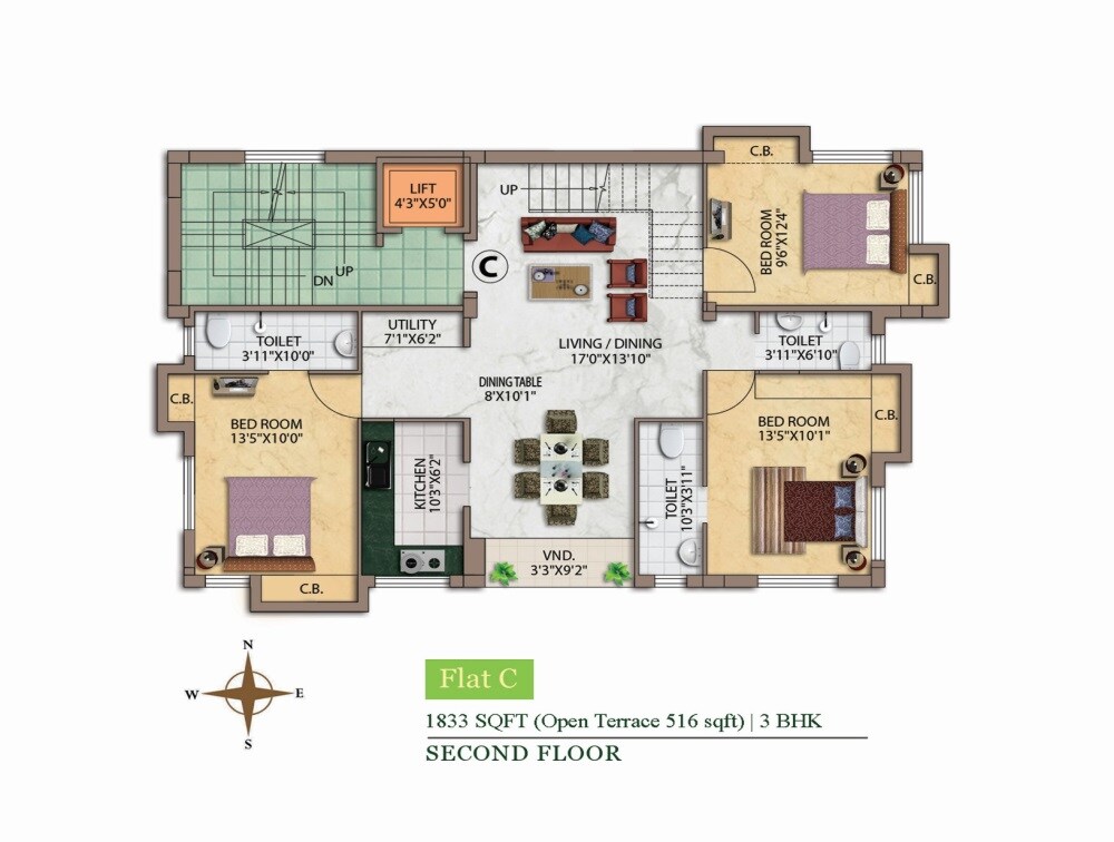 Floor plan of 3 BHK 1833 Sq. Ft. Apartment in Eden Roma Phase 4, Kolkata