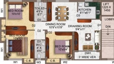Floor plan of 3 BHK 1080 Sq. Ft. Apartment in Eden Royale, Kolkata