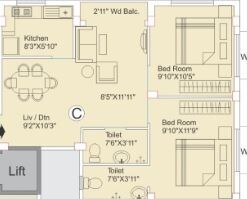 Floor plan of 2 BHK 845 Sq. Ft. Apartment in Eden Sapphire, Kolkata