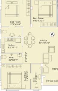 Floor plan of 3 BHK 1260 Sq. Ft. Apartment in Eden Sapphire, Kolkata