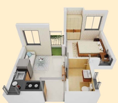 Floor plan of 1 BHK 231 Sq. Ft. Apartment in Eden Solaris Joka, Kolkata