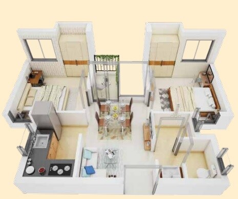 Floor plan of 2 BHK 369 Sq. Ft. Apartment in Eden Solaris Joka, Kolkata