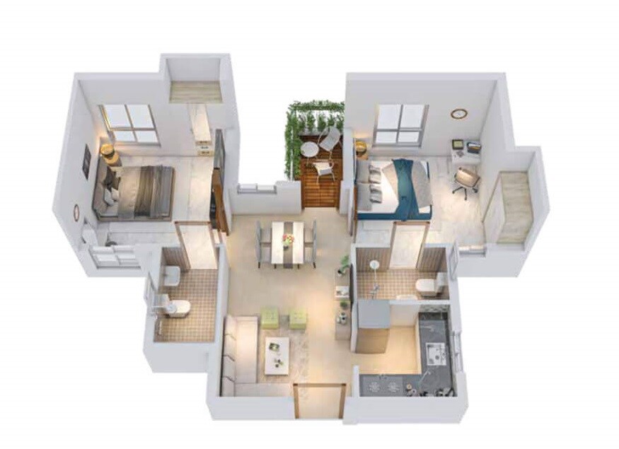 Floor plan of 2 BHK 630 Sq. Ft. Apartment in Eden Solaris Shalimar, Kolkata