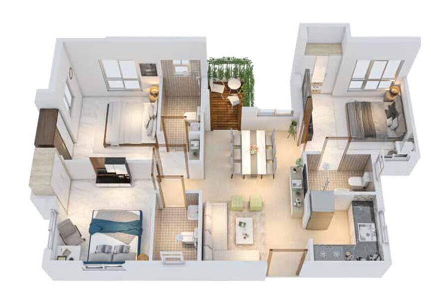 Floor plan of 3 BHK 905 Sq. Ft. Apartment in Eden Solaris Shalimar, Kolkata