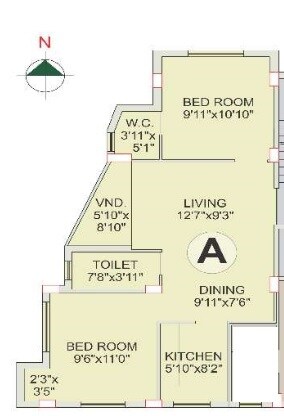 Floor plan of 2 BHK 854 Sq. Ft. Apartment in Eden Symphony, Kolkata
