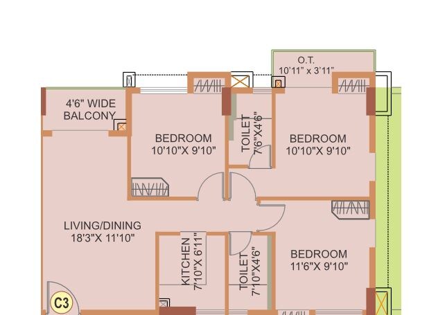 Floor plan of 3 BHK 1027 Sq. Ft. Apartment in Eden The Forest, Kolkata