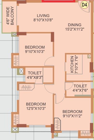 Floor plan of 3 BHK 959 Sq. Ft. Apartment in Eden The Forest, Kolkata