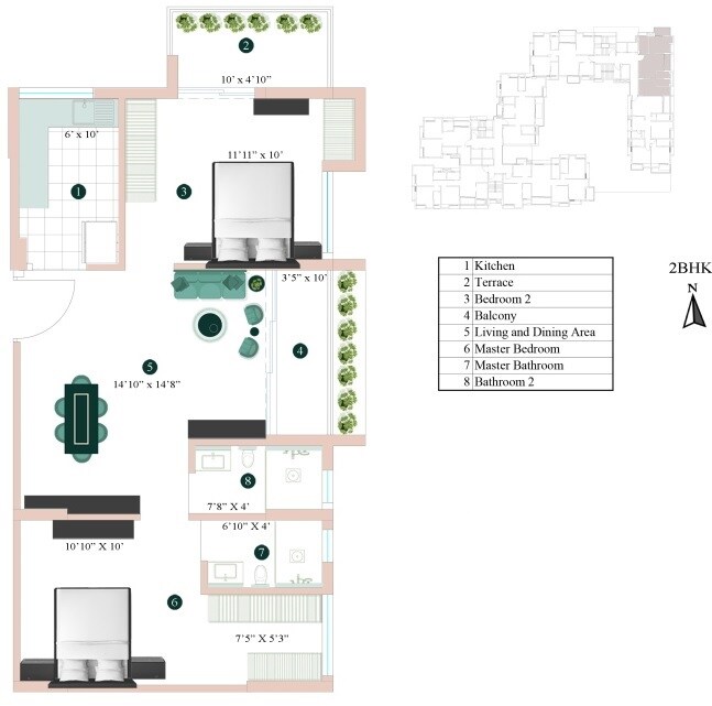 Floor plan of 2 BHK 726 Sq. Ft. Apartment in Eden The Sanctorum, Kolkata