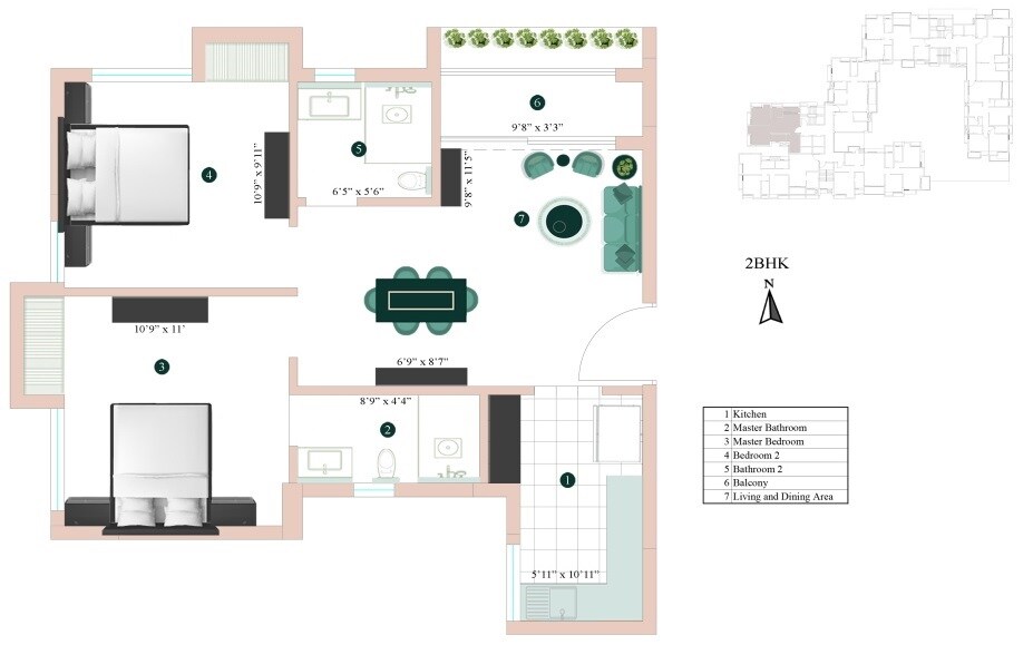 Floor plan of 2 BHK 698 Sq. Ft. Apartment in Eden The Sanctorum, Kolkata