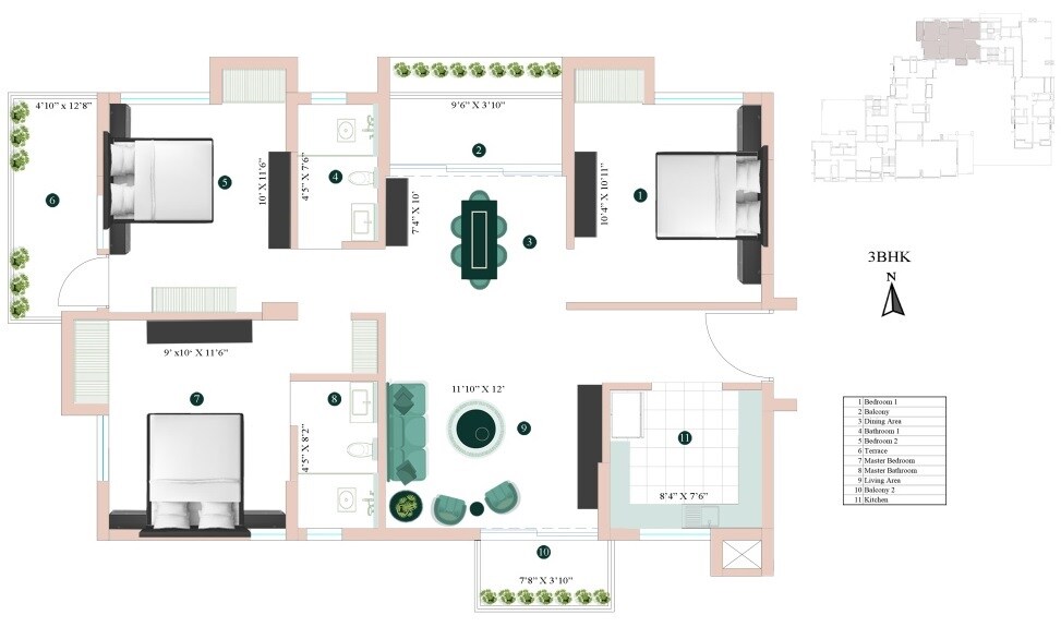 Floor plan of 3 BHK 987 Sq. Ft. Apartment in Eden The Sanctorum, Kolkata
