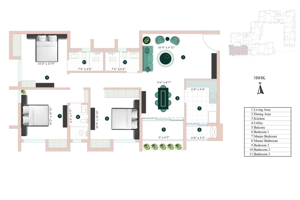Floor plan of 3 BHK 1077 Sq. Ft. Apartment in Eden The Sanctorum, Kolkata