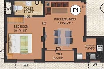 Floor plan of 1 BHK 549 Sq. Ft. Apartment in Eden Tolly Cascades, Kolkata
