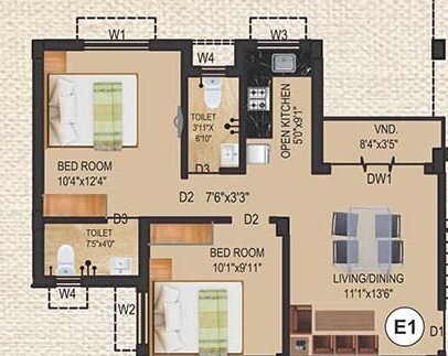Floor plan of 2 BHK 805 Sq. Ft. Apartment in Eden Tolly Cascades, Kolkata