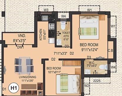 Floor plan of 2 BHK 909 Sq. Ft. Apartment in Eden Tolly Cascades, Kolkata