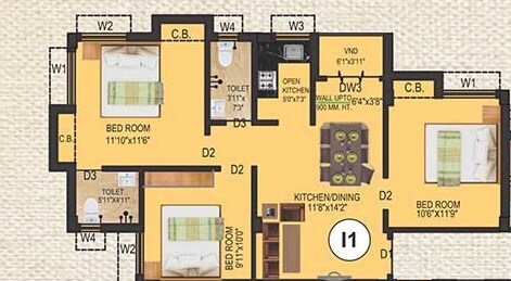 Floor plan of 3 BHK 1033 Sq. Ft. Apartment in Eden Tolly Cascades, Kolkata
