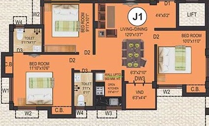 Floor plan of 3 BHK 1134 Sq. Ft. Apartment in Eden Tolly Cascades, Kolkata