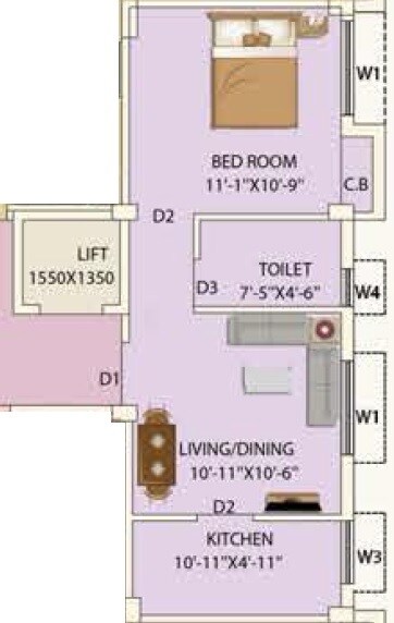 Floor plan of 1 BHK 522 Sq. Ft. Apartment in Eden Tolly Court, Kolkata