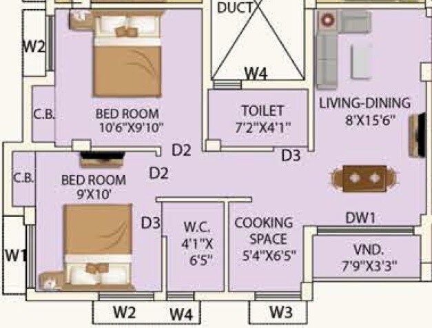 Floor plan of 2 BHK 747 Sq. Ft. Apartment in Eden Tolly Court, Kolkata