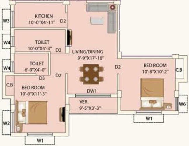 Floor plan of 2 BHK 879 Sq. Ft. Apartment in Eden Tolly Court, Kolkata