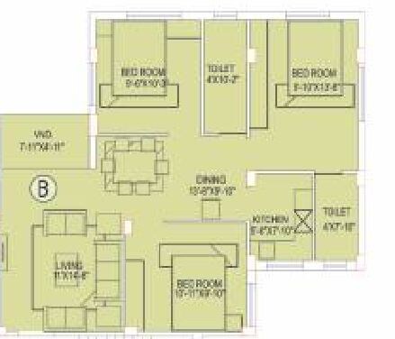Floor plan of 3 BHK 1158 Sq. Ft. Apartment in Eden Tolly Lakeside, Kolkata