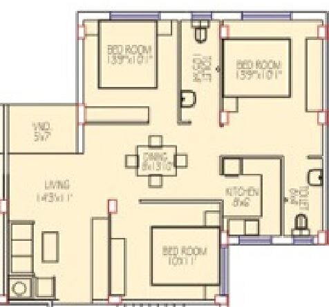 Floor plan of 3 BHK 1246 Sq. Ft. Apartment in Eden Tolly Lakeside, Kolkata