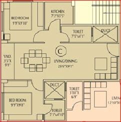 Floor plan of 2 BHK 866 Sq. Ft. Apartment in Eden Tolly Signature, Kolkata