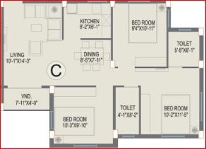 3 BHK 1075 Sq. Ft. Apartment