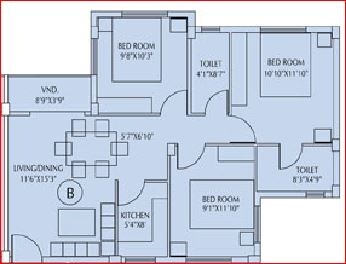 Floor plan of 3 BHK 1155 Sq. Ft. Apartment in Eden Tolly Signature, Kolkata