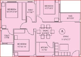 Floor plan of 3 BHK 1212 Sq. Ft. Apartment in Eden Tolly Signature, Kolkata